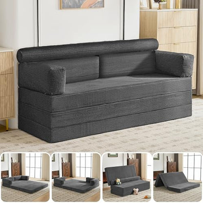 5-in-1 Convertible Sofa Bed, 78" Boneless Couch Tri Folding Mattress with Removable L-Shaped Armrests, Corduroy Futon Couch Sleeper with Pull Out Bed for Living Room Bedroom Apartment, Grey