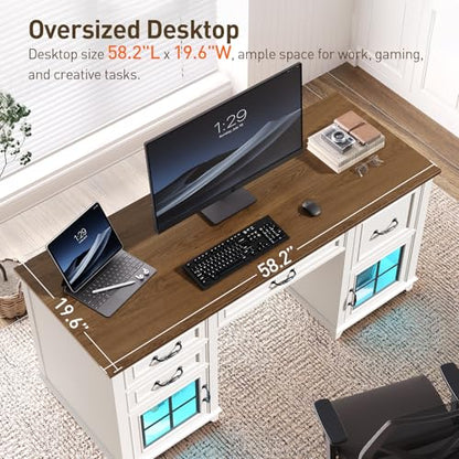 58" Farmhouse Desk with Drawers, Executive Desk with Power Outlet, view 6