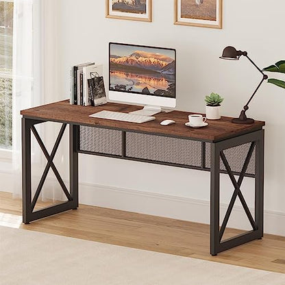 60 Inch Computer Desk for Home Office, Industrial Metal Wood Desks, Farmhouse Large Writing Table, Modern Sturdy Gaming Desk (Rustic Oak)