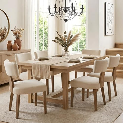 Mid Century Modern Dining Chairs Set of 6, Upholstered Linen Kitchen & Dining Room Chairs with Ergonomic Curved Backrest, Solid Wood Legs, Farmhouse Accent Chair for Home, Apartment, Beige