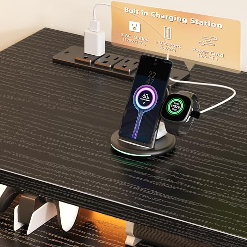 Black TV stand with outlets and lights for bedrooms, view 5