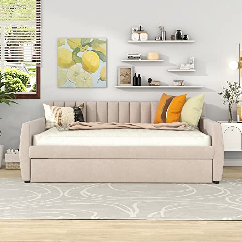 Full Size Daybed with Trundle, Upholstered Day Bed Frame Velvet Sofa Beds with Vertical Channel Tufted Headboard for Living Room, Bedroom, Beige