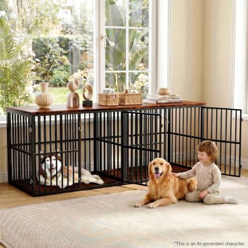 86.7" Double Dog Crate Furniture for 2 Large Dogs, Rustic Brown, view 6