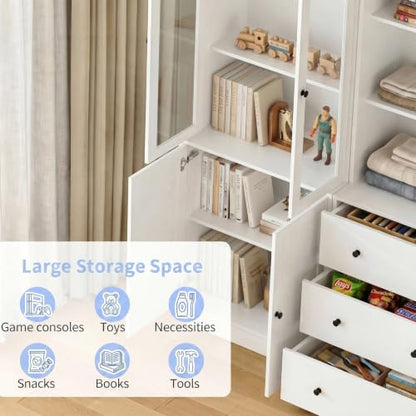 71" H Bookshelf with Storage, 6-Tier Modern Bookshelves with 3 Large Drawer, Display Bookcase with Glass Doors, Modern 5-Tier Curio Cabinet for Home Office, Dining Room (White, ABA)