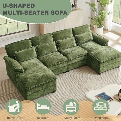 112" Modular Sectional Sofa, U Shaped Comfy Cloud Couch with Double Chaise and Padded Armrests, Modern Deep Seat Sectional Couches for Living Room, Apartment, Office, Green