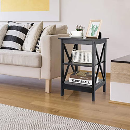 End Table 3-Tier X-Design Side Table with Storage Shelves Sofa Side Table Storage Organizer Display for Bedroom, Living Room, Office, Nursery Room, Black