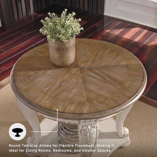 Signature Design by Ashley Realyn Round End Table, Cottage-Style Side Table with Antiqued Two-Tone Finish, Wood & Veneer Construction for Living Room or Bedroom, White/Brown