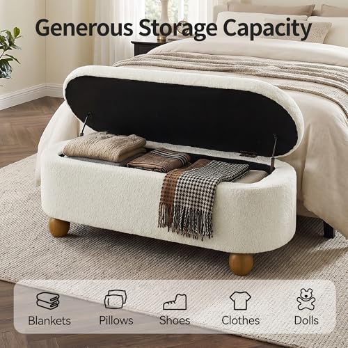 44.8" Storage Ottoman Bench End of Bed Bench with Hinge, Beige, view 4