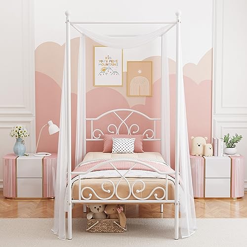 Twin Princess Canopy Bed Frame with 4 Posters, Twin Size Bed for Kids Girls, view 5