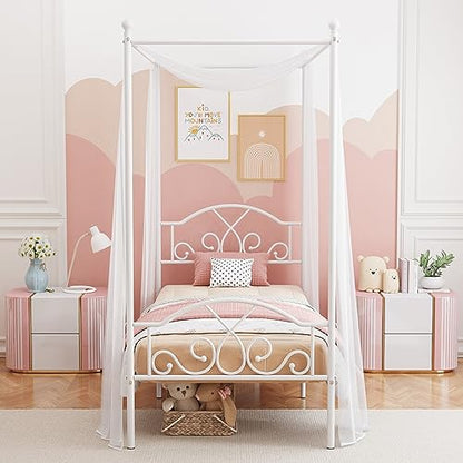 Twin Princess Canopy Bed Frame with 4 Posters, Twin Size Bed for Kids Girls, view 5