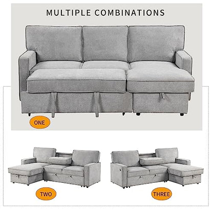 LUMISOL 89" Convertible Sleeper Sofa Bed, Modern L-Shaped Sectional Sofa Pull Out Couch with Chaise, Upholstered Sofa Bed with Cup Holder, USB Ports for Living Room, Small Apartment, Gray