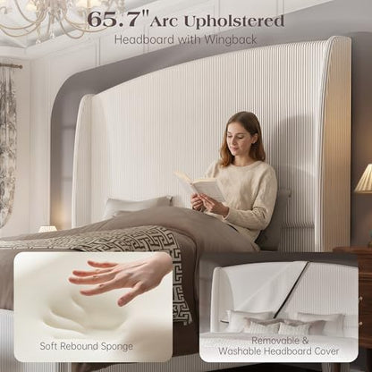 Queen Size Upholstered Platform Bed Frame with 66" Tall Headboard, Cream, view 5