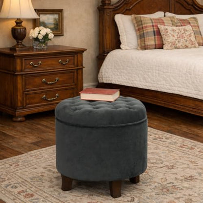 Home Decor | Upholstered Round Velvet Tufted Foot Rest Ottoman | Ottoman with Storage for Living Room & Bedroom | Decorative Home Furniture, Dark Gray Small