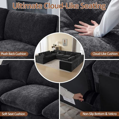 146''Cloud Boneless Sectional Couch, Modular Sectional Sofa Deep Seat, Oversized Upholstered Convertible Comfy 8 Seater Chenille Memory Foam Sofa U Shape Couches for Living Room, Dark