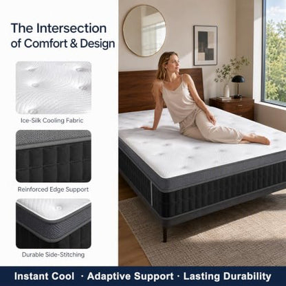 Queen Mattress 12 Inch, Medium Firm Hybrid with Pocket Coils & Cooling Gel, view 3