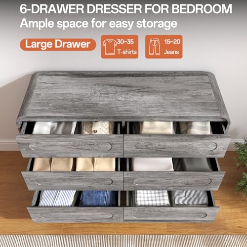 3 Piece Bedroom Set, Dresser and Nightstand Sets for Bedroom, Wood 6 Drawer Dresser & Night Stand Set of 2, Wide Chest of Drawers Modern Storage Cabinet Bedroom Furniture Set, Grey