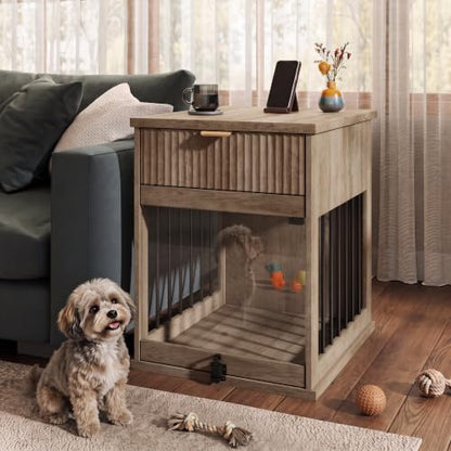 Wooden Dog Crate Furniture End Table with Drawer for Small Dogs (Grey), view 5