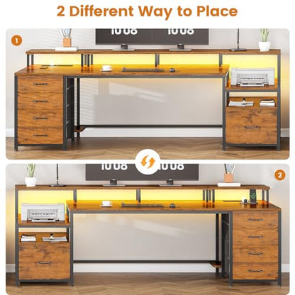 Home Office Desk with File Drawer & Power Outlet, 75'' Large Computer Desk with 5 Drawer, Storage Shelves, Monitor Shelf and Led Lights, 23.6" W Desktop Gaming Desk, Rustic Brown