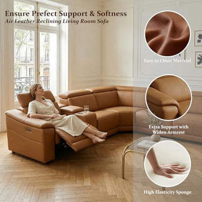 5 Seat Power Reclining Sectional Sofa, L-Shaped Air Leather Couch with Recliners, USB Charging Ports, Storage Console, Cup Holders, Light Brown Modular Living Room Sofa Set