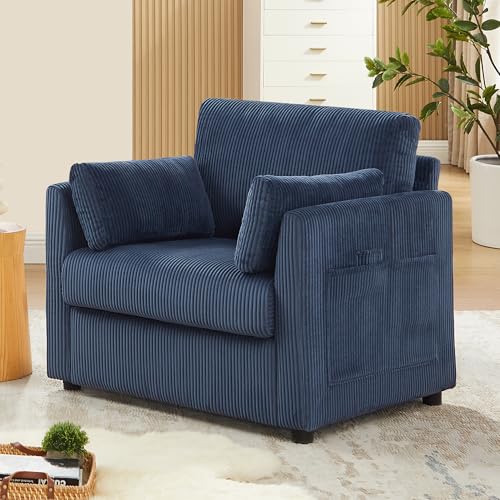 Modern Corduroy Accent Chairs, 38" W Reading Armchair with Comfy Pillows and Side Pockets, Single Reading Chairs for Living Room, Bedroom, Apartment, Navy Blue