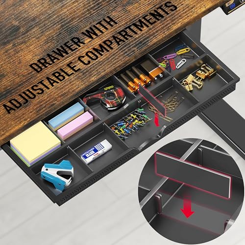48-Inch Electric Height Adjustable Standing Desk with Drawer, Memory Preset and Cable Management Tray, Rustic Brown