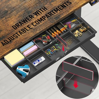 48-Inch Electric Height Adjustable Standing Desk with Drawer, Memory Preset and Cable Management Tray, Rustic Brown
