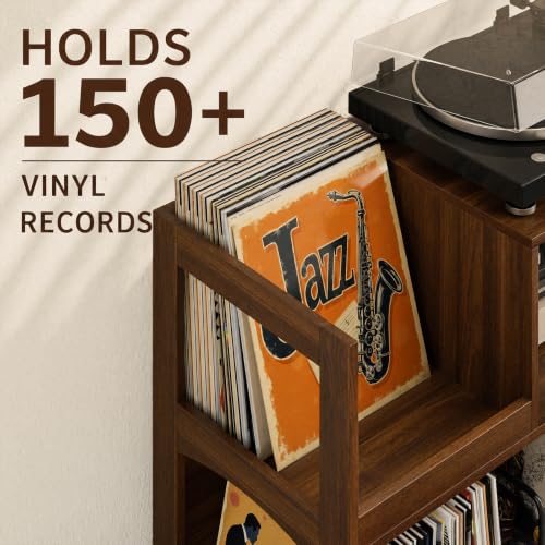 Record Player Stand with Vinyl Storage, Mid-Century Turntable Stand, Walnut, view 5