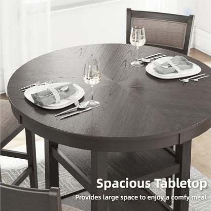 Signature Design by Ashley 5-Piece Round Counter Height Dining Table Set, Wrenning Collection, with 4 Upholstered Bar Stools, Wood and Mindi Veneer, 2 Storage Shelves for Dining Rooms, Light Gray