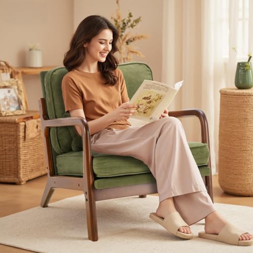 Mid Century Modern Accent Chair, Upholstered Low Armchair with Lumbar Pillow and Solid Wooden Frame, Lounge Chair for Small Living Room, Bedroom, Reading Nook, Green