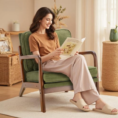 Mid Century Modern Accent Chair, Upholstered Low Armchair with Lumbar Pillow and Solid Wooden Frame, Lounge Chair for Small Living Room, Bedroom, Reading Nook, Green