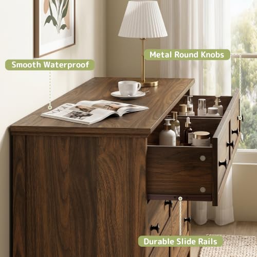 Walnut 6 Drawer Dresser for Bedroom, 55" Wood Chests of Drawers for Hallway, view 6