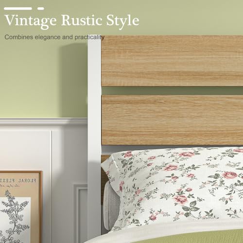 Full Size Metal Bed Frame with Natural Wood Headboard, view 6