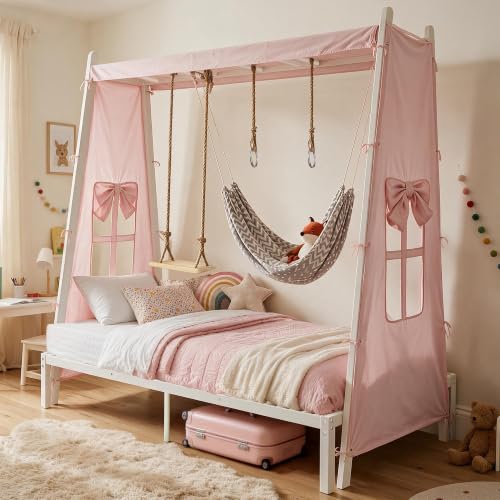 Twin Metal House Bed with Tent, Swing & Hammock, Pink Canopy Bed for Girls, view 2