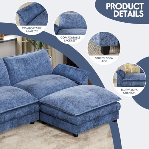 119" Modular Sectional Sofa, L Shaped Sofa Couch with Reversible Ottoman, DIY Combination Chenille Deep 3-Seat Cloud Couch for Living Room, Apartment (Dark Blue, L Shaped Sofa)