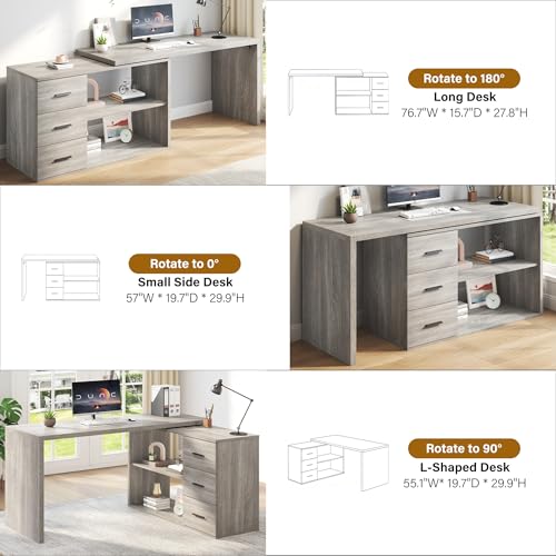 L Shaped Office Desk with Drawers Shelves 55-76 Inch, Corner Computer Desk with Storage 360 Rotating Long for Work, Executive, Study, Writing, Teacher, Bedroom Modern Gaming Table, Light Grey