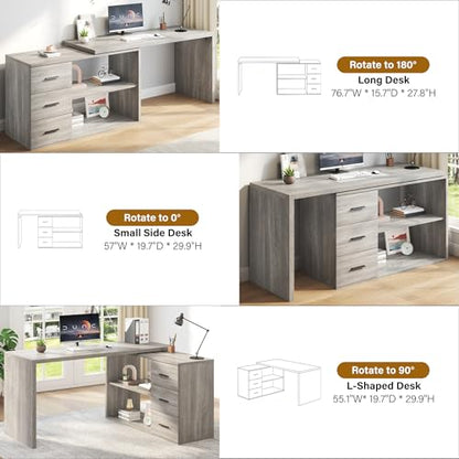 L Shaped Office Desk with Drawers Shelves 55-76 Inch, Corner Computer Desk with Storage 360 Rotating Long for Work, Executive, Study, Writing, Teacher, Bedroom Modern Gaming Table, Light Grey