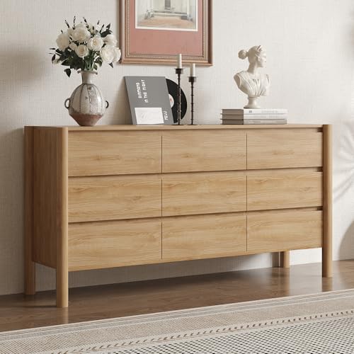 63" Wide Oak 9 Drawer Dresser for Bedroom with Solid Wood Legs, view 7