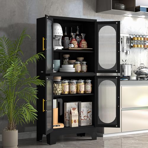Black Metal Storage Cabinet with Doors and 3 Shelves (2 Adjustable) for Kitchen, Laundry Room, Home Office, Kids Room