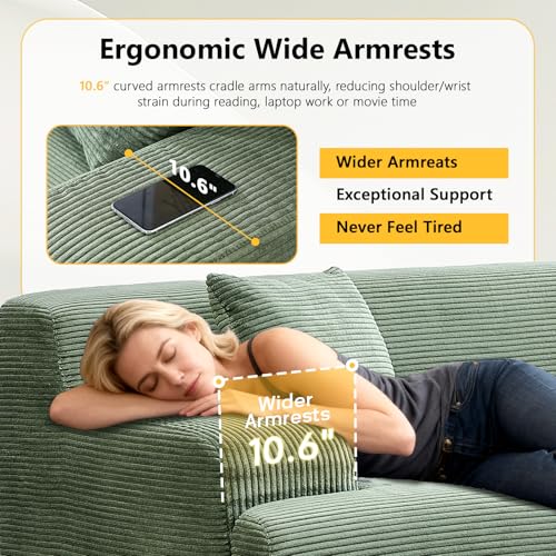 72" W Boneless Loveseat Sofa, Cloud Corduroy Couch in a Box, Compressed Deep Seat Sofa with 10.6" Wide Curved Armrests, Easy Assembly Required for Living Room, Apartments & Office, Green