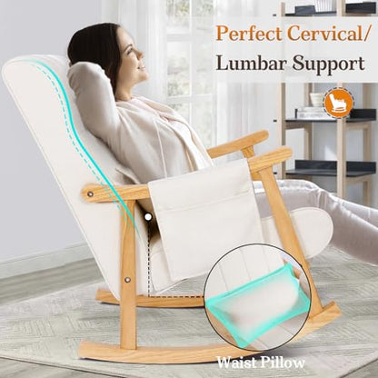 Upholstered Rocking Chair with Ottoman, Modern Indoor Nursery Glider Rocker Chair, Solid Wood High Back Armchair with Fabric Padded Seat for Living Room Bedroom