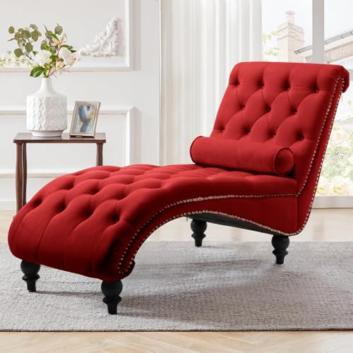 61" Velvet Tufted Chaise Lounge, Upholstered Sofa Chair with Wood Legs Red, view 6
