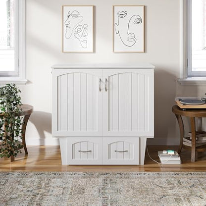 Sydney Twin Wood Murphy Bed Chest with 6" Mattress, Storage Drawer & Built-in USB Charger, White