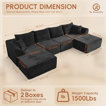 130" Sectional Couches for Living Room，U-Shaped Modular Sectional Sofa,Extra Deep Seat 6-Seater Boneless Sectional with 2 Ottomans，High Density Foam Sofa，No Assembly Required Corduroy Cloud Couch