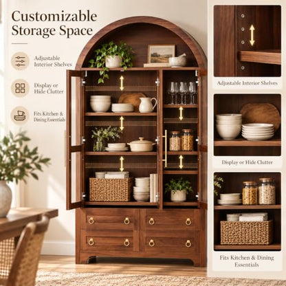 Arched Pantry Cabinet with Glass Doors and Adjustable Shelves, view 4
