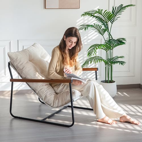 Modern Accent Chair, Comfy Living Room Chair with Metal Frame Wooden Armrest, Upholstered Armchair with Soft Cushion for Bedroom Balcony Lounge Reading Room, Beige