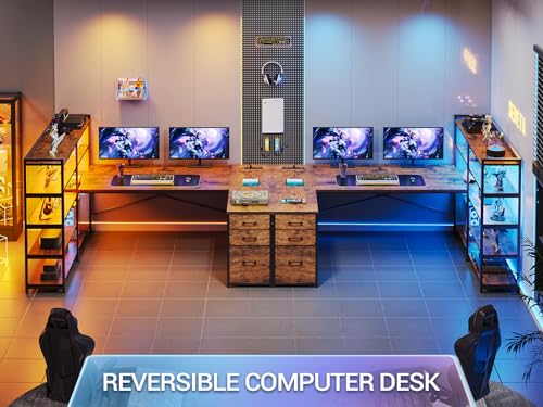 L Shaped Desk with Storage Shelves, 64.5" Reversible U Shaped Office Desk with 3 Fabric Drawers, Gaming Desk with Power Outlet & LED Strip for Home Office, Rustic Brown