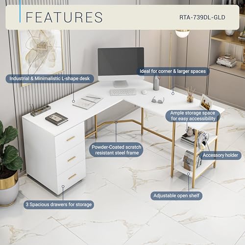 59" Two-Tone L‑Shaped Office Desk with Storage Shelves, Gold, view 6