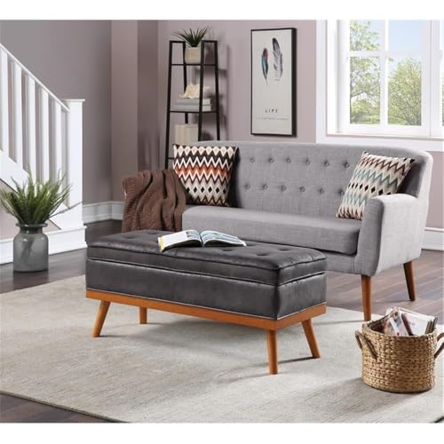 Mid-Century Storage Bench, Charcoal Faux Leather Upholstery, 43.5" W x 17.5" D x 18.5" H, Button-Tufted Design, Soft-Close Hinged Top, Tapered Solid Wood Legs, Entryway or Living Room