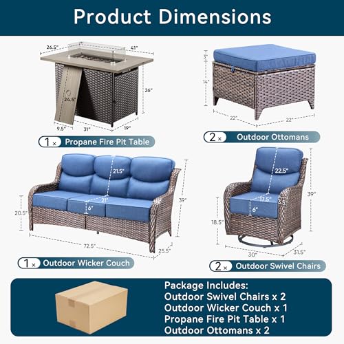 Luxury Patio Furniture Set with Fire Pit Table-6 Pieces All Weather Outdoor Swivel Rocker Chairs with Sofa and Ottomans. Outdoors Patio Conversation Sets for Porch Deck Garden Backyard(Brown/Blue)