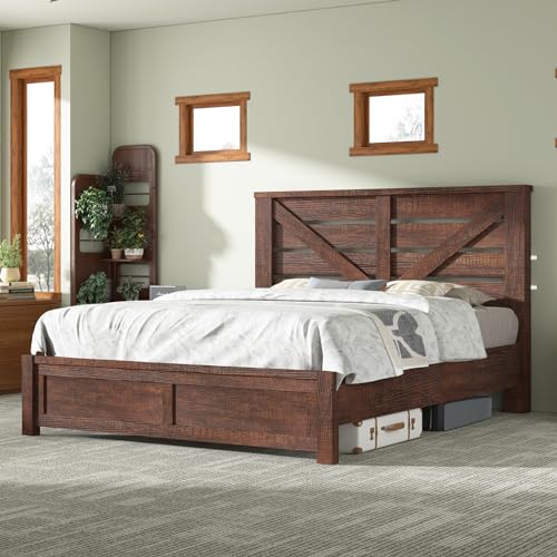 Farmhouse Queen Size Bed Frame with 49" Barn Door Headboard, Brown, view 4